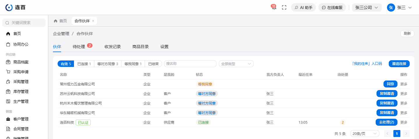「伙伴」页签:上面按状态筛选,每一行右边是这个状态下能做的事。