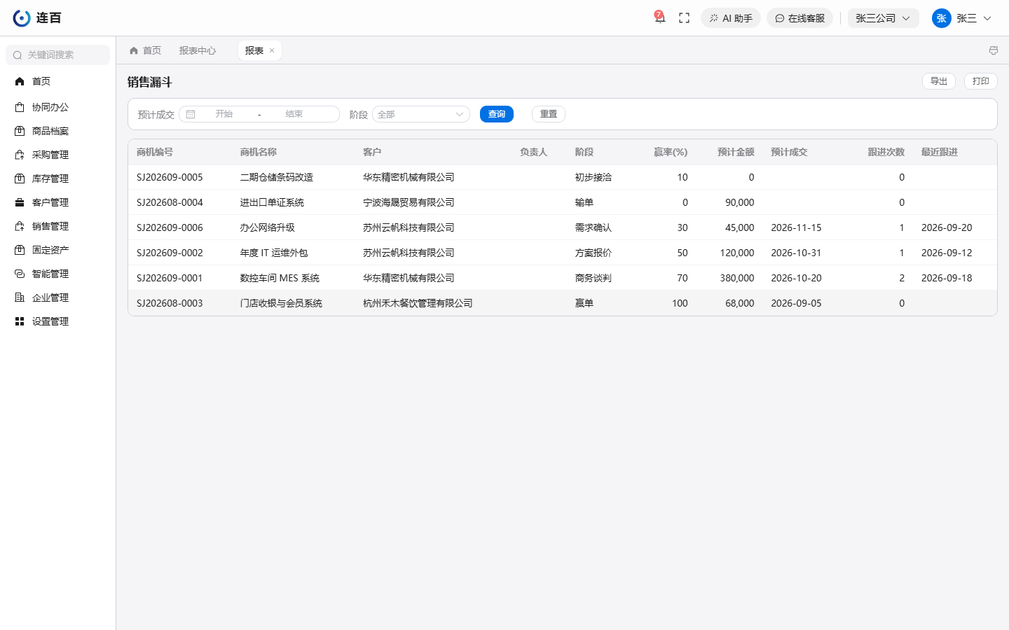 报表运行页:上方是筛选条,右上角是导出和打印