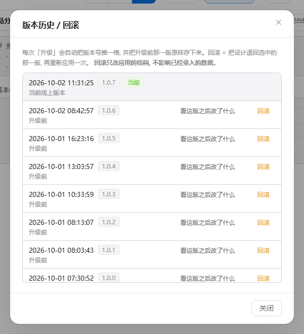 「版本历史 / 回滚」对话框：每次升级前自动留一版。