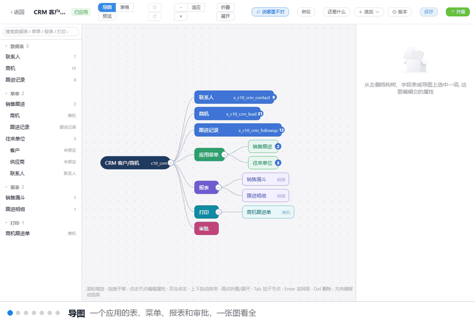 连百从设计到使用的演示：设计器的导图、表格、预览三个视角，接着是升级后应用的列表、看板、表单和报表