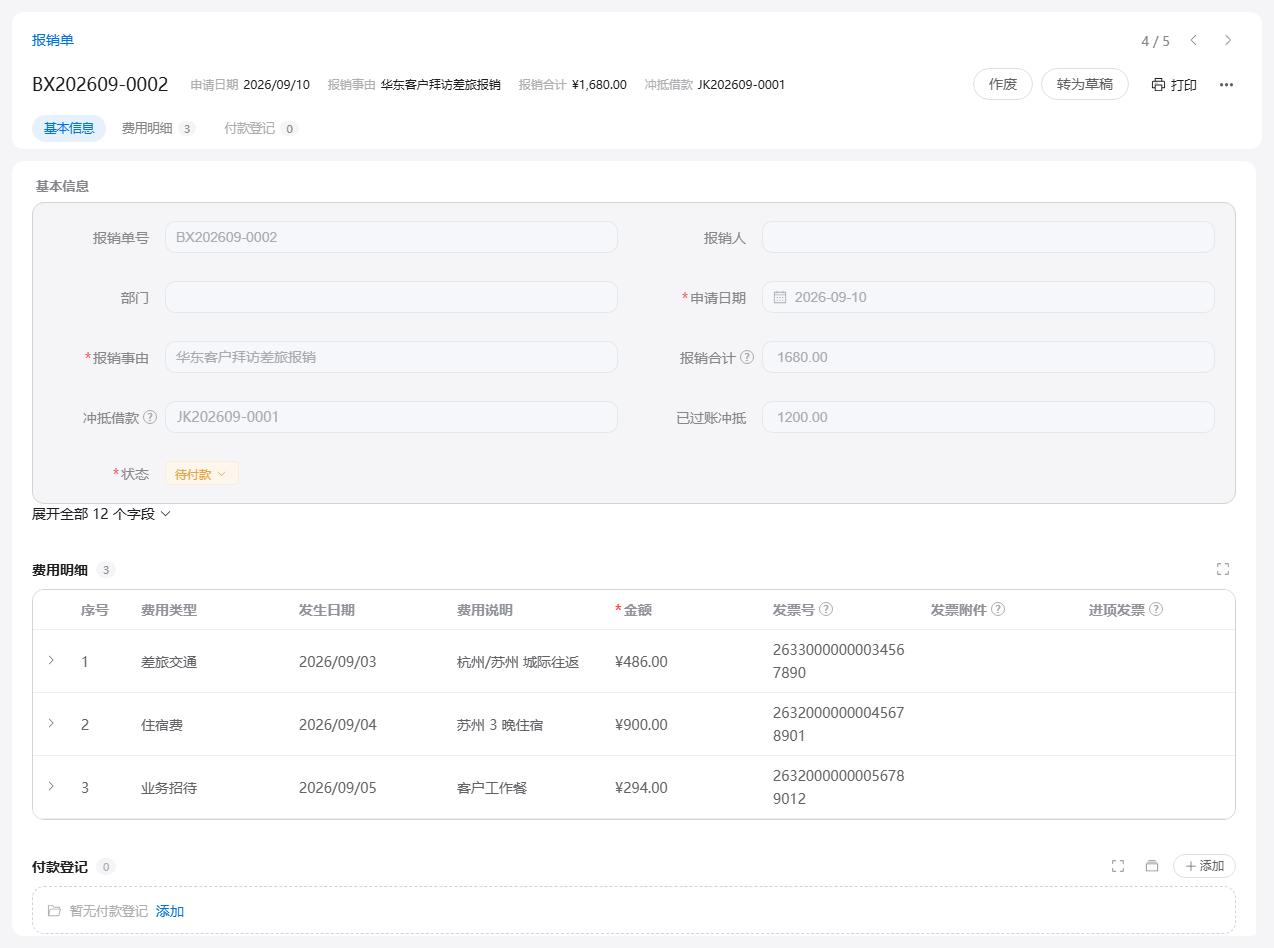 费用报销的报销单表单：按费用类型逐条登记明细和发票号，冲抵借款后在付款登记里记录实付