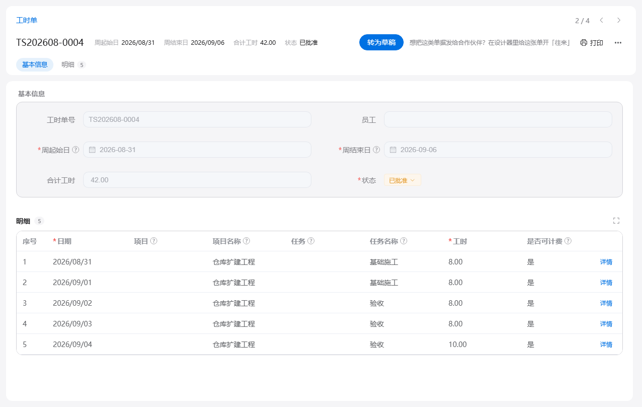工时单表单：已批准的一周工时，明细逐日记录项目、任务、工时和是否可计费