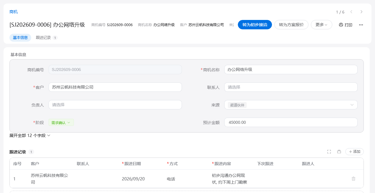 一张商机表单：阶段显示为需求确认，页头的「转为初步接洽」「转为方案报价」按钮把单据推到下一个状态