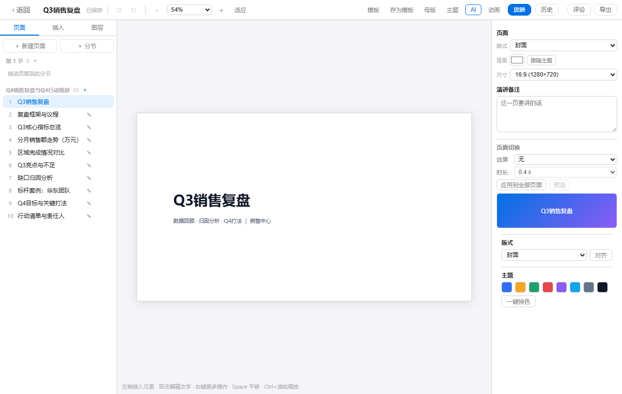 连百演示文稿编辑界面：左侧页面列表，中间是一份销售复盘的封面页，右侧设置版式、切换效果和主题色